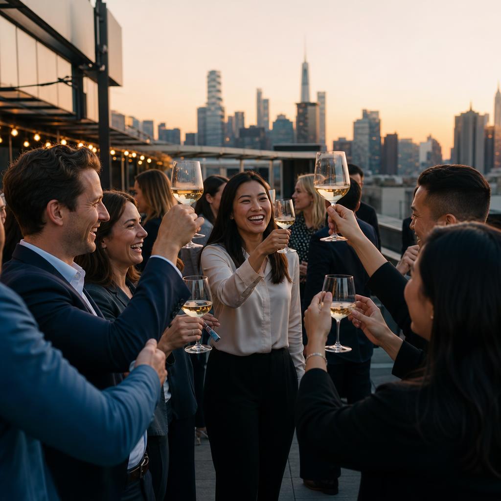 Guests raising their glasses at a rooftop celebration