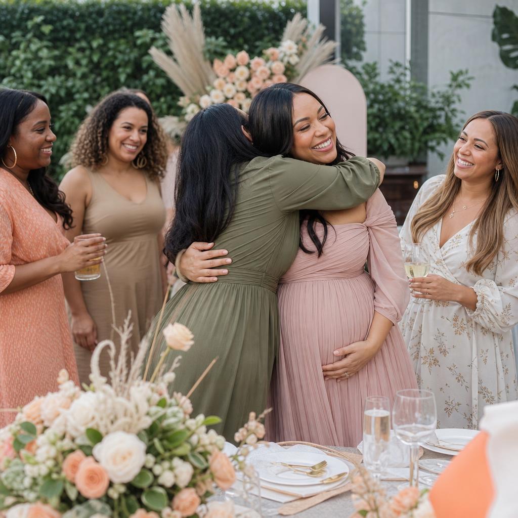 Friends sharing a hug at a baby shower