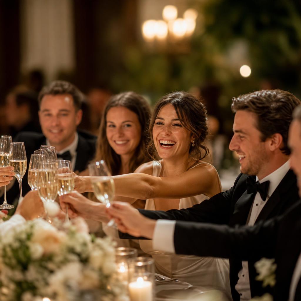 Bride and groom toasting with guests at their wedding reception